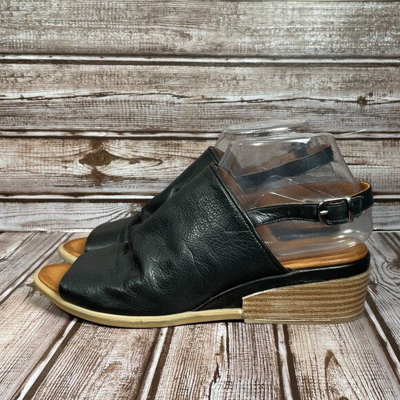 BONAVI SOFIA Womens 7.5 (EUR 38) Black Leather Wedge Ankle Strap Sandal Shoe EUC - Picture 4 of 9